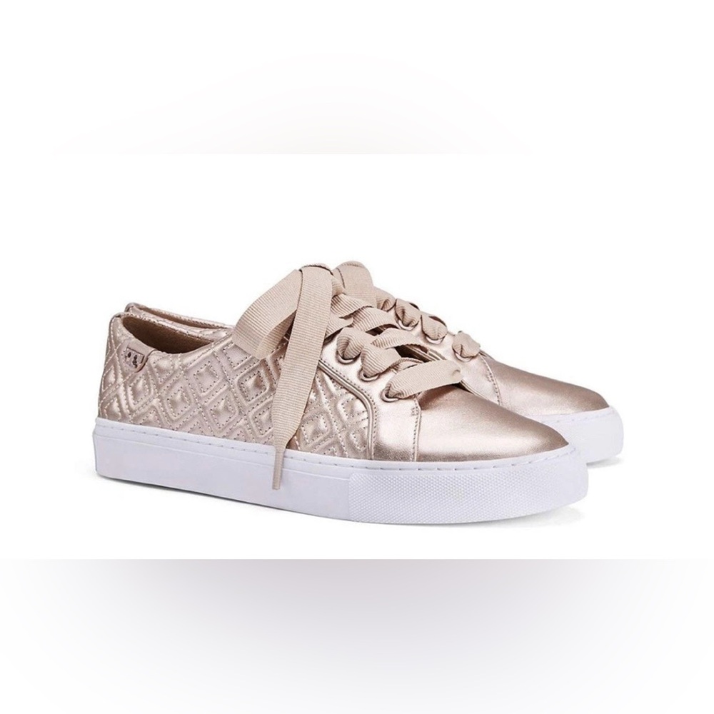 Tory Burch Marion Quilted Gold Leather Lace Up Sneakers Size 7M